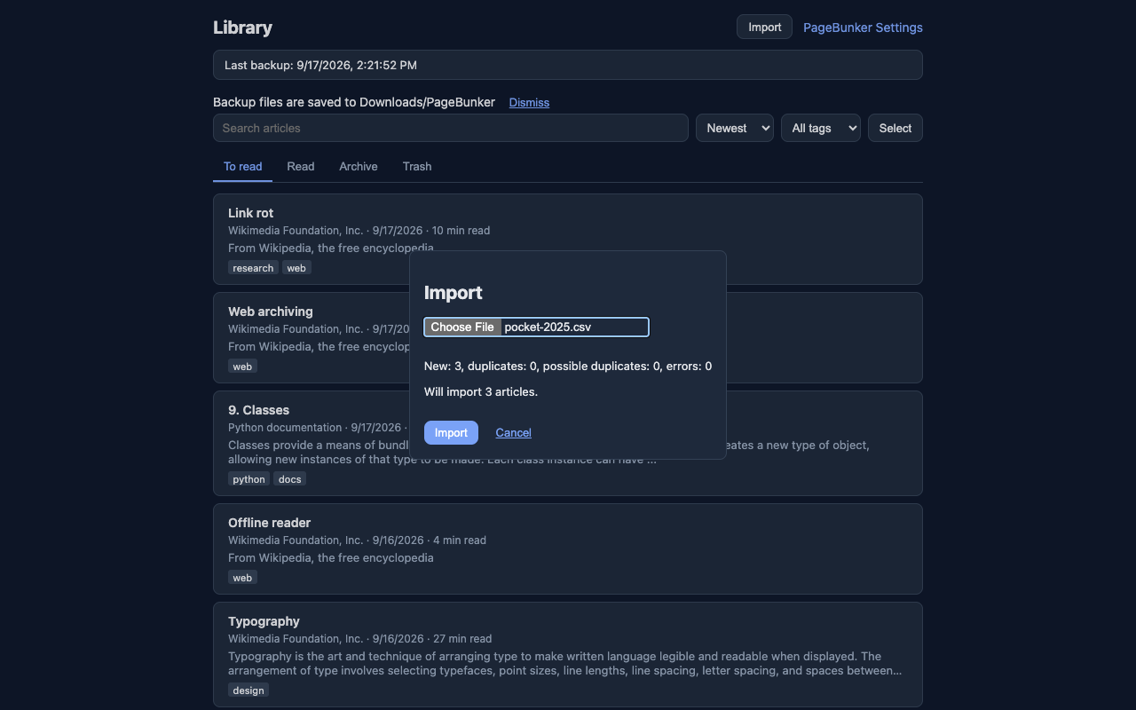 Import preview in PageBunker