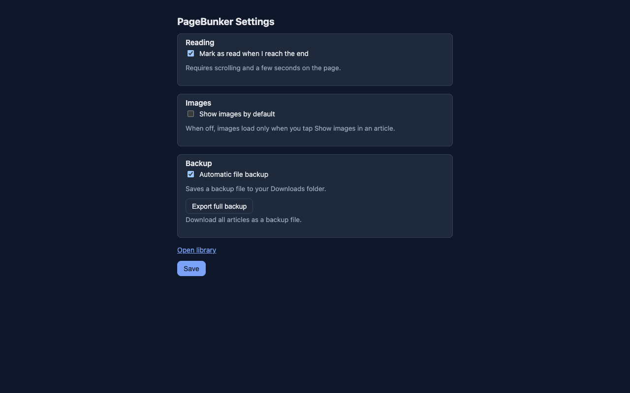 PageBunker settings