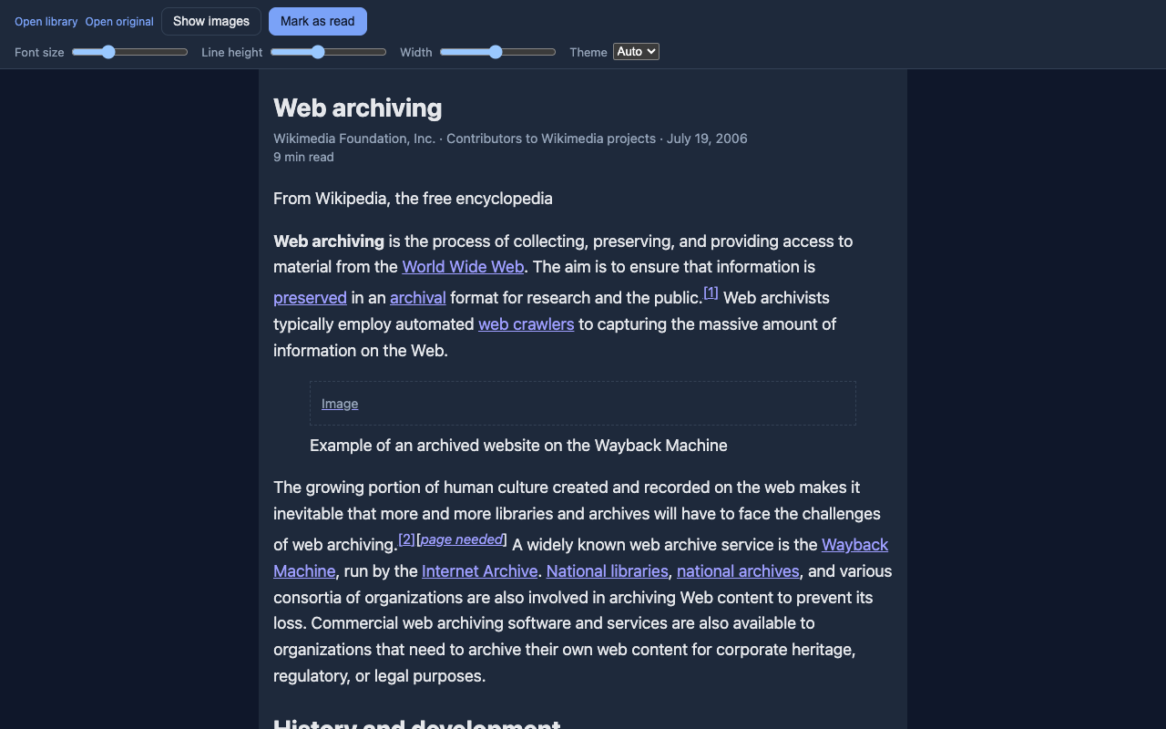 PageBunker reader in dark theme