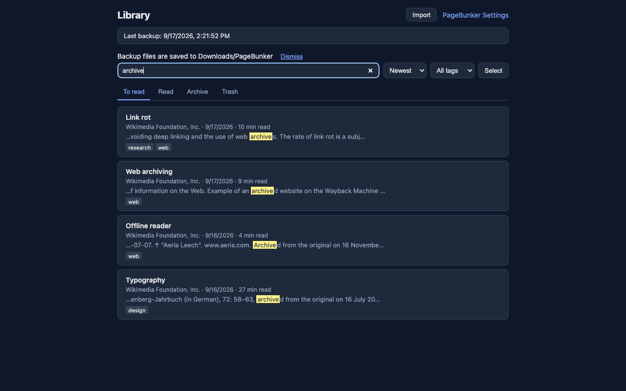 Full-text search in PageBunker