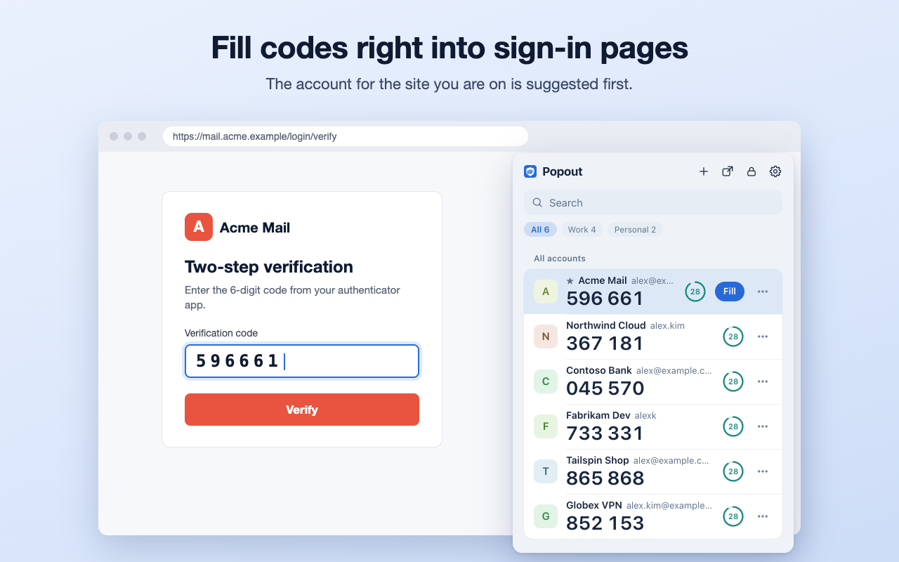 A code being filled into a sign-in page from Popout Authenticator