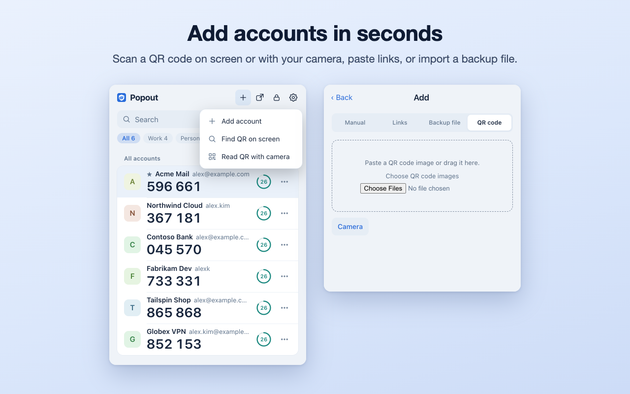 The Add account screen with QR code, links, and backup file options