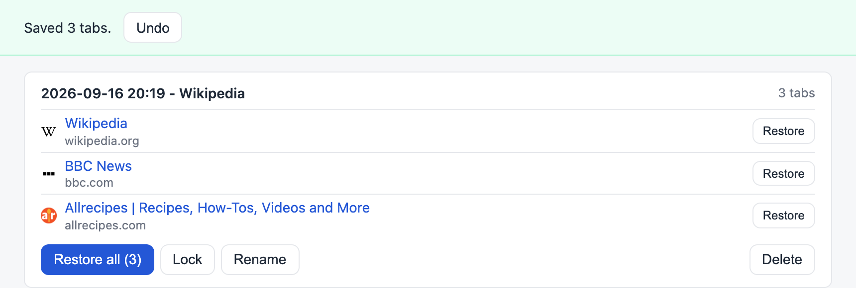 Saved 3 tabs banner with Undo above the new group