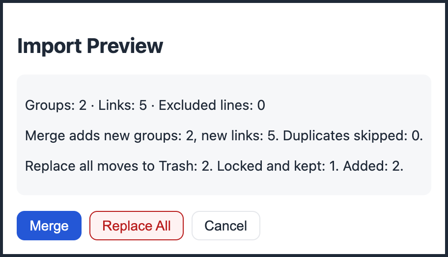 Import preview dialog with Merge and Replace all
